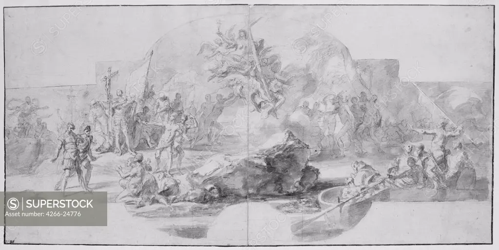 The Landing of Columbus in America by Solimena, Francesco (1657-1747) Smithsonian National Museum 1715-1716 Black chalk on paper 26x54,1 Italy Baroque History Graphic arts
