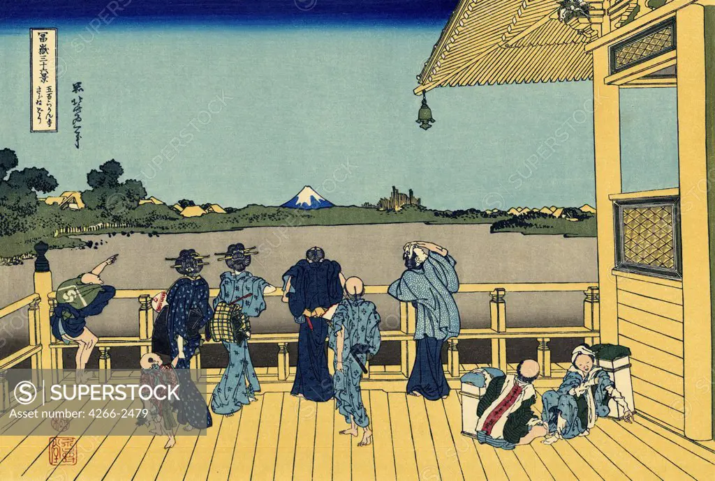 Terrace with view on Fuji mountain by Katsushika Hokusai, color woodcut, 1830-1833, 1760-1849, Russia, Moscow, State A. Pushkin Museum of Fine Arts, 25x37