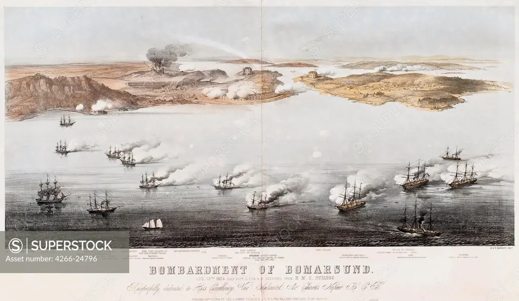 Bombardment of Bomarsund by Dolby, Edwin Thomas (active 1849-1865) Private Collection 1854 Lithograph 47x84 Great Britain Classicism History Graphic arts