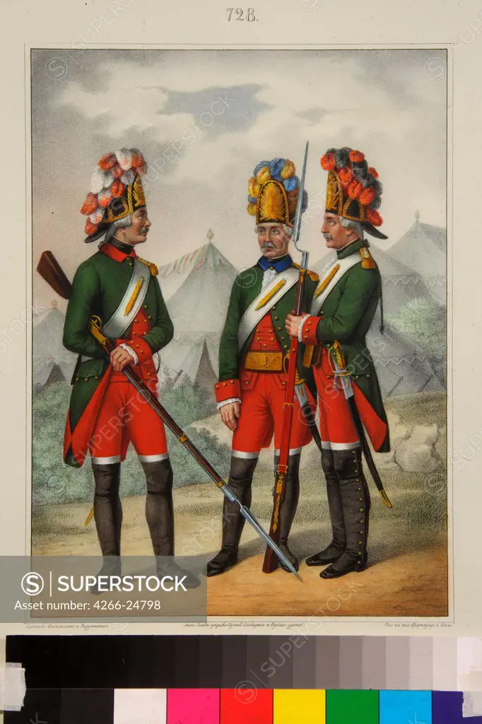 Grenadiers of the Preobrazhensky, Semenovsky and Izmailovsky Regiment in 1763-1775 by Razumikhin, Pyotr Ivanovich (1812-1848) A. Suvorov State Memorial Museum, St. Petersburg Early 1840s Lithograph, watercolour Russia Classicism History Graphic ar