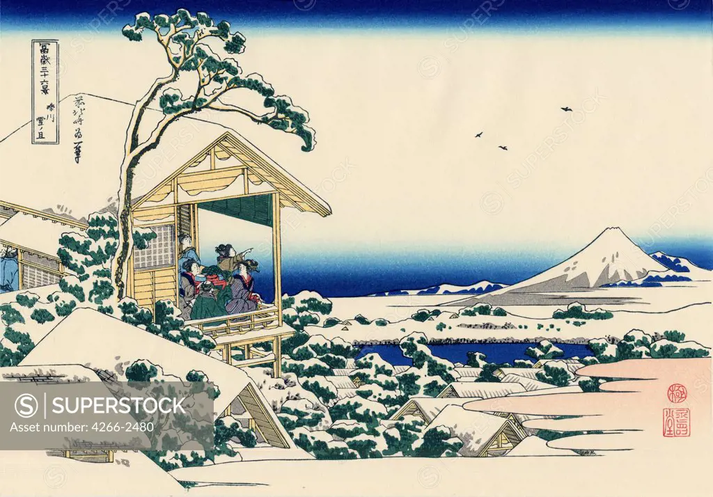 Landscape with Mount Fuji by Katsushika Hokusai, color woodcut, 1830-1833, 1760-1849, Russia, Moscow, State A. Pushkin Museum of Fine Arts, 25x37