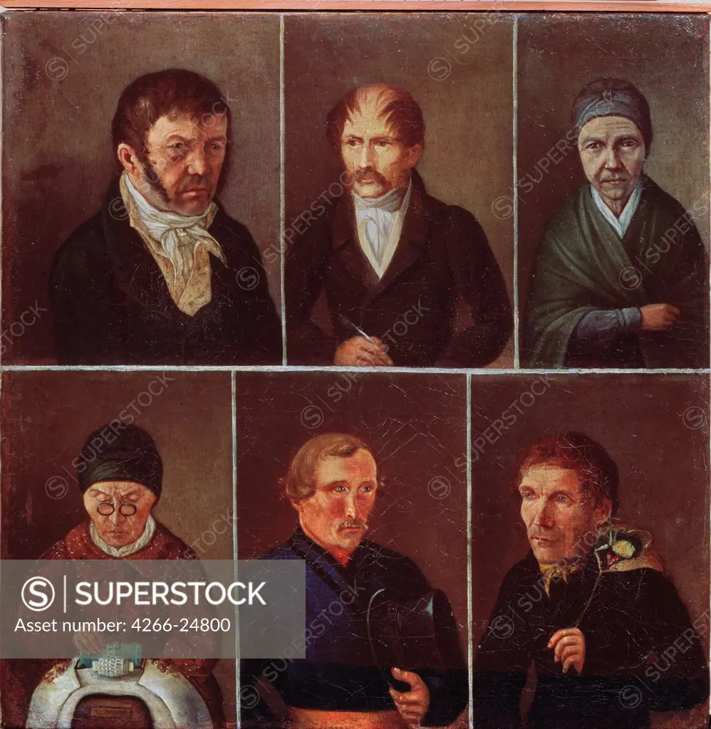 Portraits of the Estate employees. Six persons by Russian master   United Open-air Museum of History and Architecture The Hypatian Monastery, Kostroma Early 19th cen. Oil on canvas 41x40 Russia Russian Painting of 19th cen. Portrait Painting