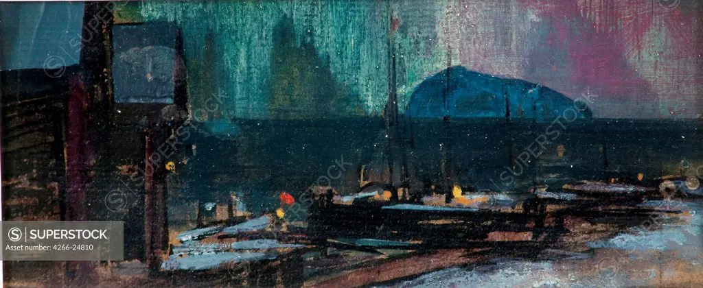 The northern lights in Norway by Korovin, Konstantin Alexeyevich (1861-1939) Private Collection 1902 Tempera and Oil on canvas 9x19 Russia Realism Landscape Painting