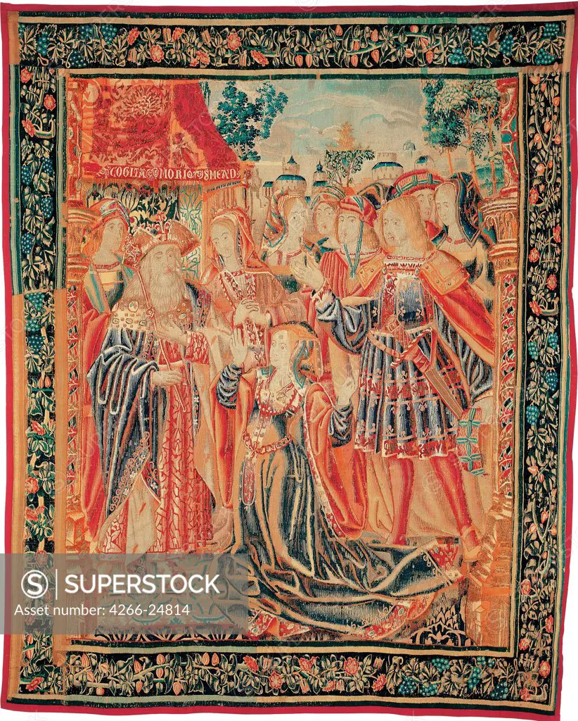 The Story of Troy. Cassandra intercedes before Priam to obtain a Pardon for Paris by Brussels Manufactory (1515-1525) Fundacion Banco Santander c. 1520 Wool, silk, gold and silver threads 320x247 Flanders Renaissance Mythology, Allegory and Litera