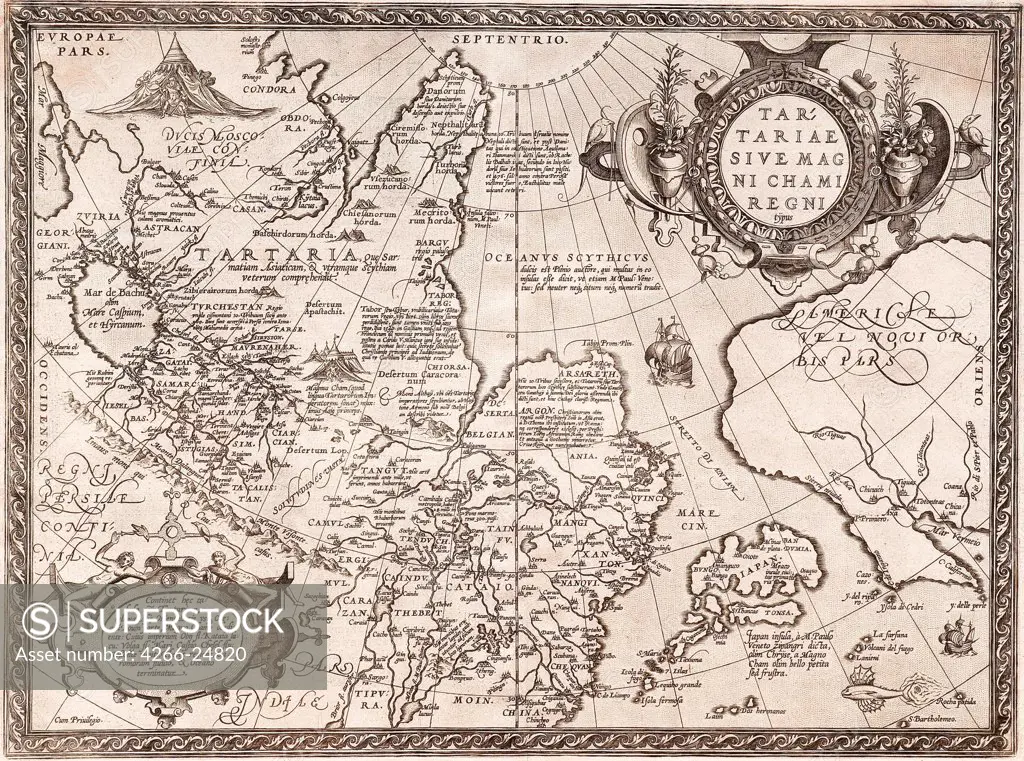 Map of Russia (From: Theatrum Orbis Terrarum) by Ortelius, Abraham (1527-1598) Private Collection 1598 Etching 36x47 The Netherlands Cartography History Graphic arts