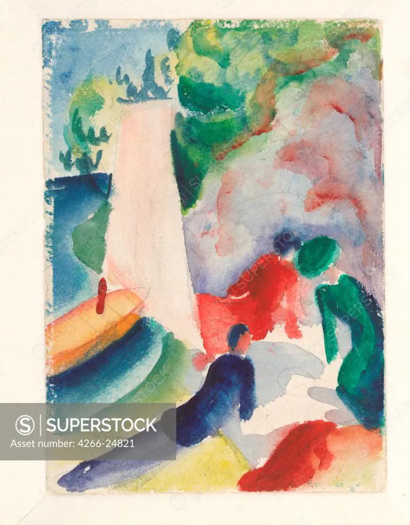 Picnic on the Beach (Picnic after Sailing) by Macke, August (1887-1914) Albertina, Vienna 1913 Watercolour on cardboard 17,6x12,2 Germany Expressionism Landscape,Genre Painting