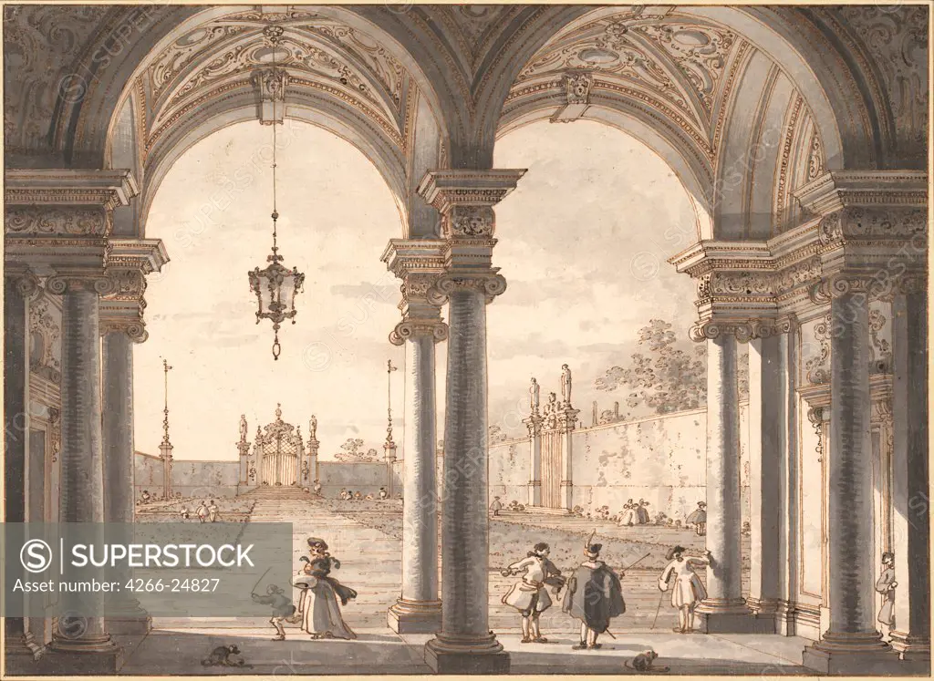 View through a Baroque Colonnade into a Garden by Canaletto (1697-1768) Albertina, Vienna 1760-1768 Pen, brush, Indian ink on paper 33,1x45,4 Italy, Venetian School Rococo Architecture, Interior,Landscape Graphic arts