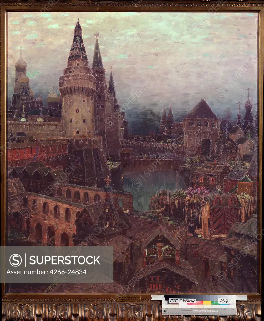 Moscow in the 17th Century. Dawn at the Resurrection Gate by Vasnetsov, Appolinari Mikhaylovich (1856-1933) State Tretyakov Gallery, Moscow 1900 Oil on canvas 136x122 Russia Russian Painting, End of 19th - Early 20th cen. Architecture, Interior,Hi