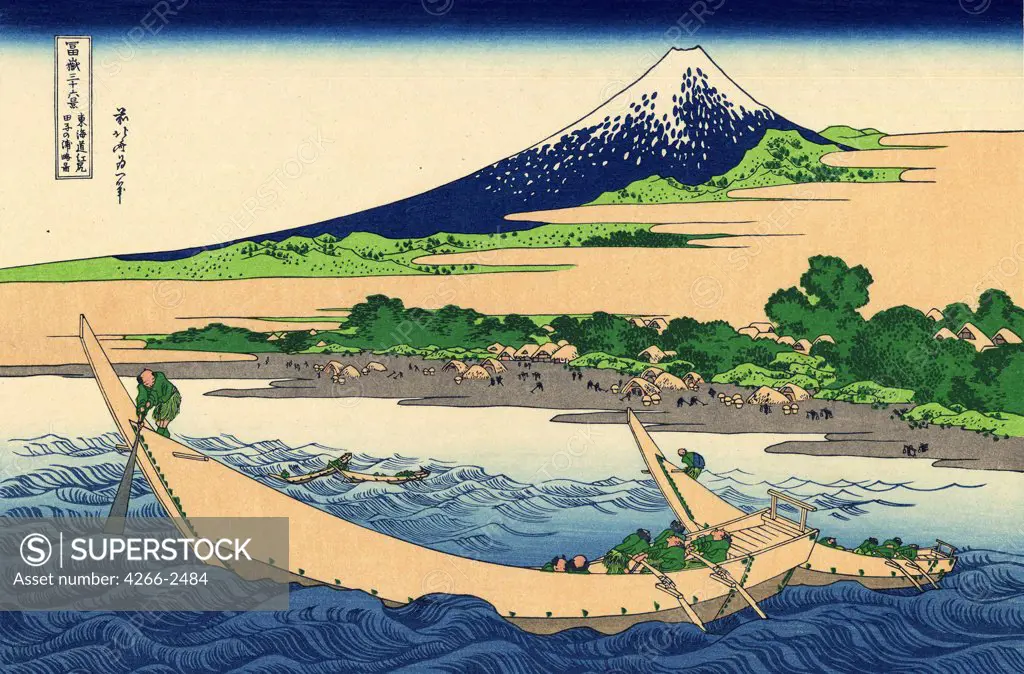 Landscape with boat and Mount Fuji by Katsushika Hokusai, color woodcut, 1830-1833, 1760-1849, Russia, Moscow, State A. Pushkin Museum of Fine Arts, 25x37