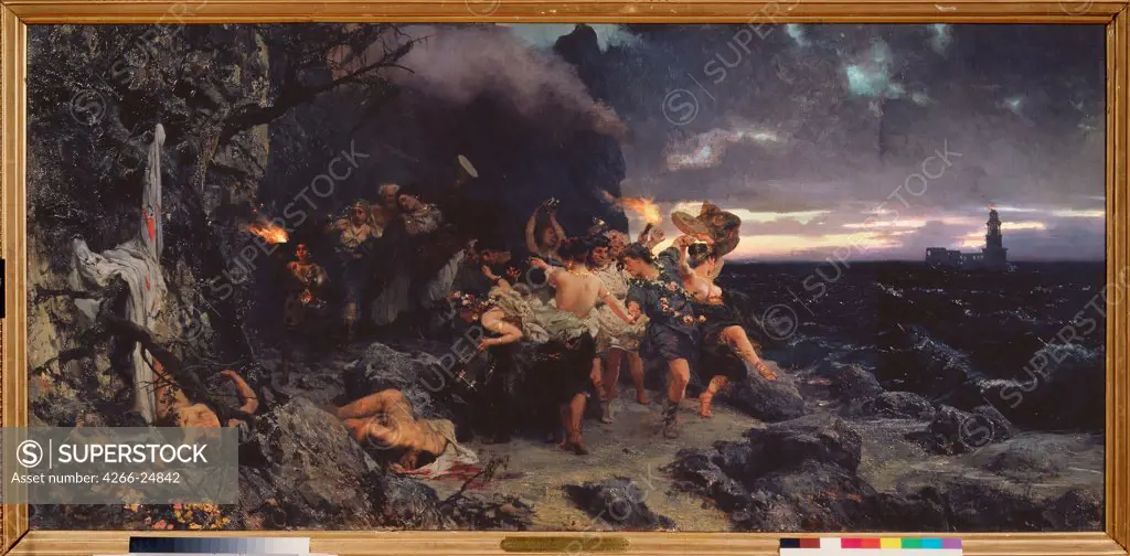 An Orgy at the time of Tiberius on the Capri island by Siemiradzki, Henryk (1843-1902) State Tretyakov Gallery, Moscow 1881 Oil on canvas 101,5x216 Poland Academic art Mythology, Allegory and Literature Painting