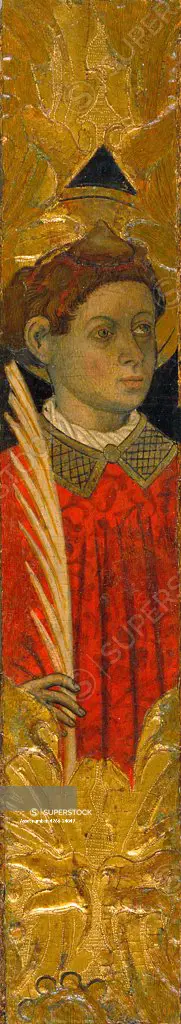 Saint Stephen by Martorell, Bernat, the Elder (1390-1452) Museu Nacional d'Art de Catalunya, Barcelona c. 1450 Tempera on panel 64,1x12,7 Spain Gothic Bible Painting