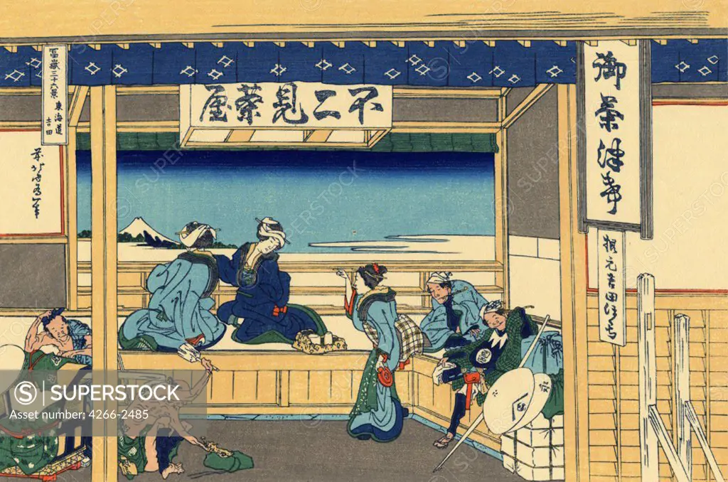 Court scene by Katsushika Hokusai, color woodcut, 1830-1833, 1760-1849, Russia, Moscow, State A. Pushkin Museum of Fine Arts, 25x37