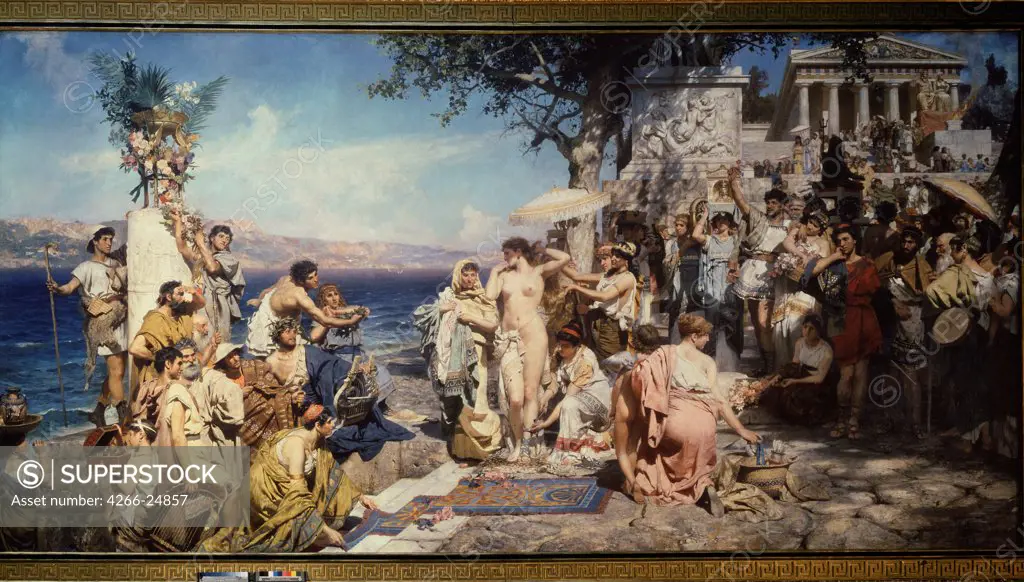 Phryne on the Poseidon's celebration in Eleusis by Siemiradzki, Henryk (1843-1902) State Russian Museum, St. Petersburg 1889 Oil on canvas 390x763,5 Poland Academic art Mythology, Allegory and Literature Painting