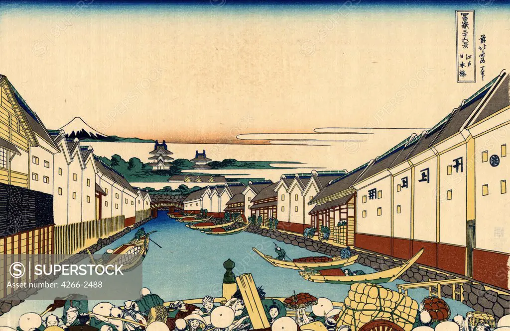 View of canal and houses by Katsushika Hokusai, color woodcut, 1830-1833, 1760-1849, Russia, Moscow, State A. Pushkin Museum of Fine Arts, 25x37