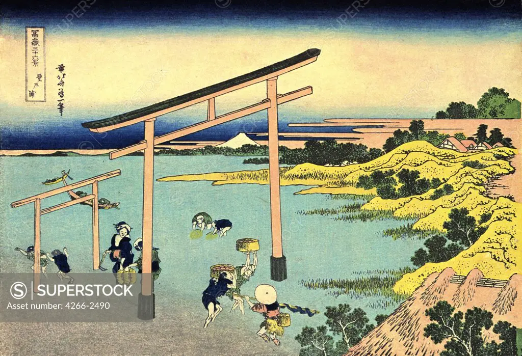 People bathing in lake by Katsushika Hokusai, color woodcut, 1830-1833, 1760-1849, Russia, Moscow, State A. Pushkin Museum of Fine Arts, 25x37