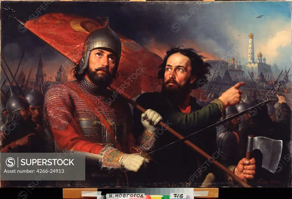 The national uprising of Kuzma Minin and Count Dmitry Pozharsky by Skotti, Mikhail Ivanovich (1814-1861) State Art Museum, Nizhny Novgorod 1850 Oil on canvas 67,5x107 Russia Russian Painting of 19th cen. Portrait,History Painting