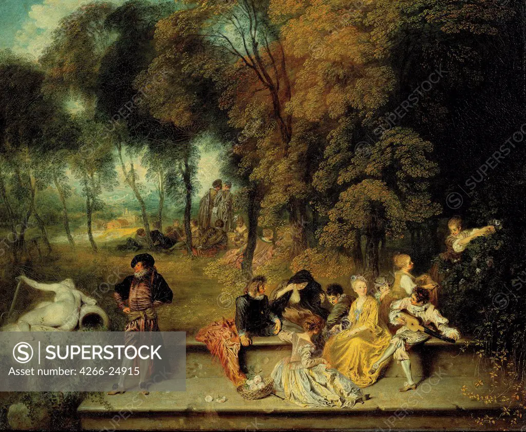 Pleasures of Love by Watteau, Jean Antoine (1684-1721) State Art Gallery, Dresden ca. 1718-1719 Oil on canvas 60x75 France Rococo Genre Painting