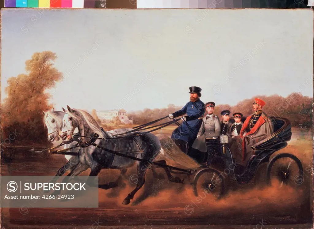 Emperor Alexander II with Sons in a carriage at Tsarskoye Selo by Sverchkov, Nikolai Yegorovich (1817-1898) State Art Museum, Yaroslavl 1850s Oil on canvas Russia Russian Painting of 19th cen. Portrait,Genre Painting
