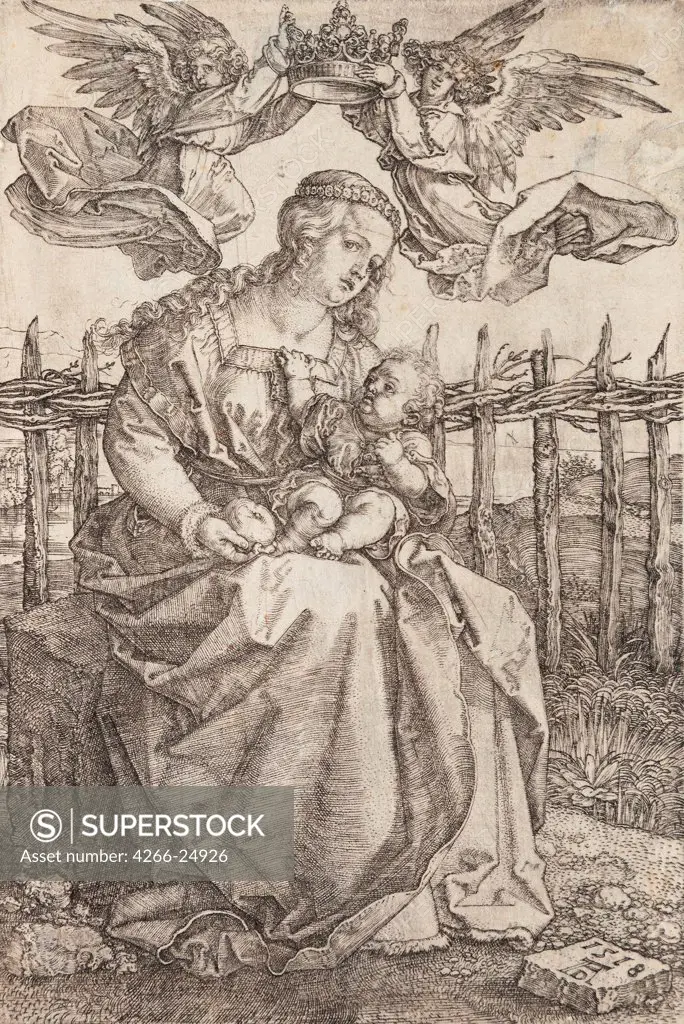 Virgin Mary Crowned By Two Angels by Durer, Albrecht (1471-1528) National Gallery, Prague 1518 Copper engraving 16,5x11 Germany Renaissance Bible Graphic arts