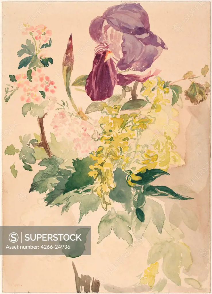 Flower Piece with Iris, Laburnum, and Geranium by Manet, Edouard (1832-1883) Albertina, Vienna 1880 Watercolour on paper France Impressionism Still Life Graphic arts