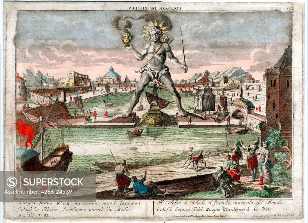 The Colossus of Rhodes by Anonymous   Private Collection 1760 Copper engraving, watercolour Rococo Mythology, Allegory and Literature Graphic arts