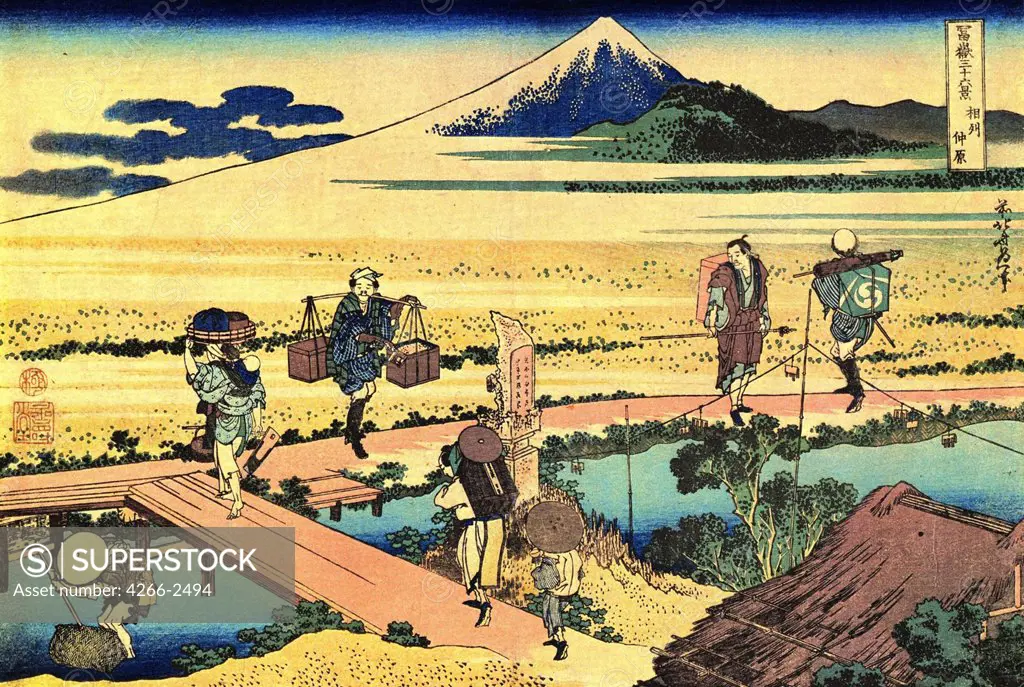 Village scene with Mount Fuji in background by Katsushika Hokusai, color woodcut, 1830-1833, 1760-1849, Russia, Moscow, State A. Pushkin Museum of Fine Arts, 25x37