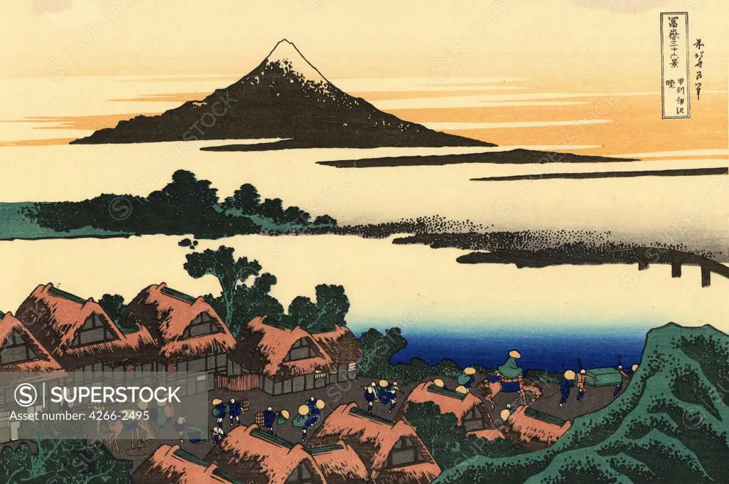 Village view with Mount Fuji by Katsushika Hokusai, color woodcut, 1830-1833, 1760-1849, Russia, Moscow, State A. Pushkin Museum of Fine Arts