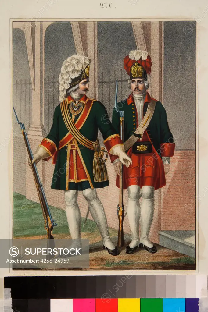 Grenadiers of the Preobrazhensky Regiment in 1732-1738 by Chorikov, Boris Artemyevich (1802-1866) A. Suvorov State Memorial Museum, St. Petersburg Early 1840s Lithograph, watercolour Russia Classicism History Graphic arts