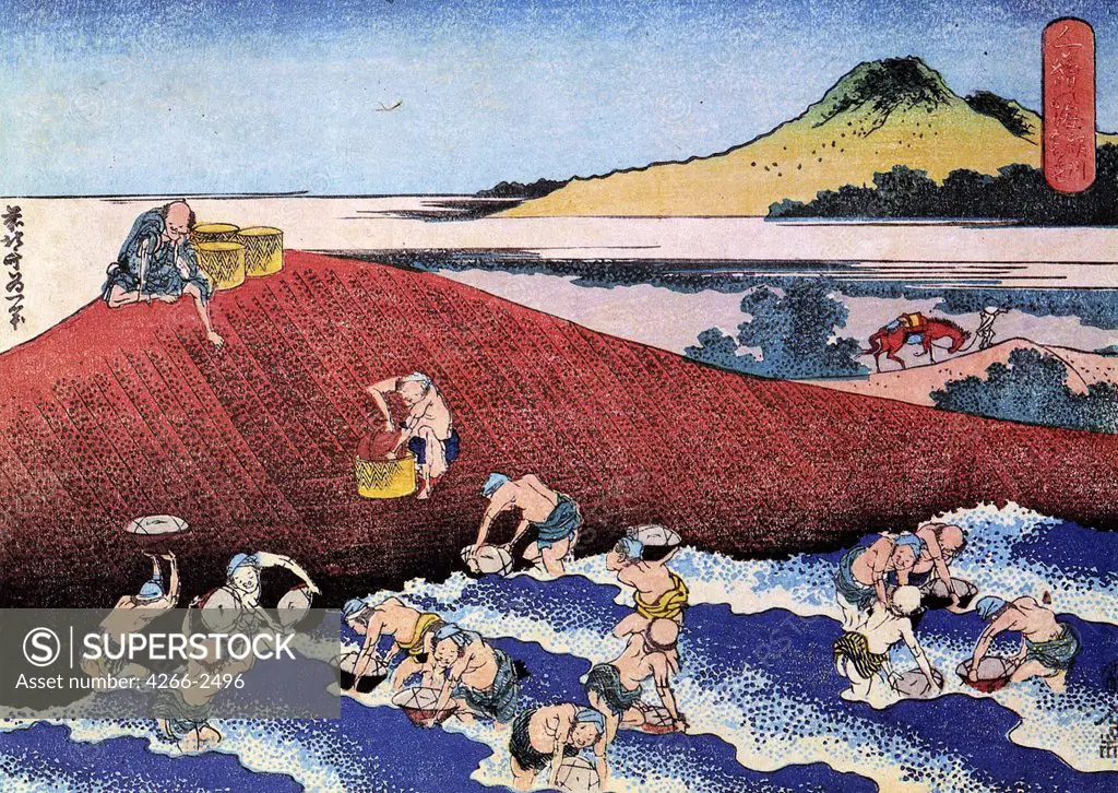 Workers by seaside by Katsushika Hokusai, color woodcut, 1830-1833, 1760-1849, Russia, Moscow, State A. Pushkin Museum of Fine Arts, 25x37
