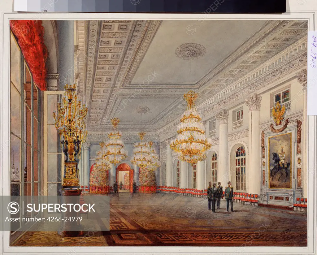 The Great Hall (Nicholas Hall) of the Winter palace in St. Petersburg by Sadovnikov, Vasily Semyonovich (1800-1879) State A. Pushkin Museum of Fine Arts, Moscow 1837 Watercolour on paper 29,4x38,6 Russia Russian Painting of 19th cen. Architecture,