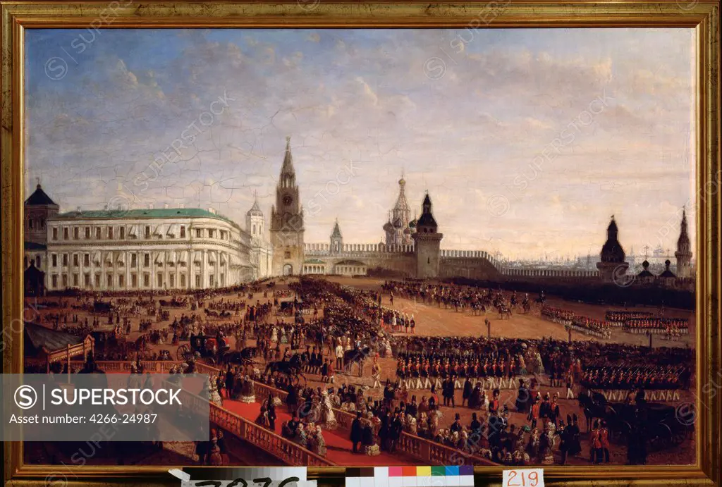 Military parade during the Coronation of the Emperor Alexander II in the Moscow Kremlin on 18th February 1855 by Schwarz, Gustav (ca. 1800-after 1855) State History Museum, Moscow 1856 Oil on canvas Germany German Painting of 19th cen. History Pai