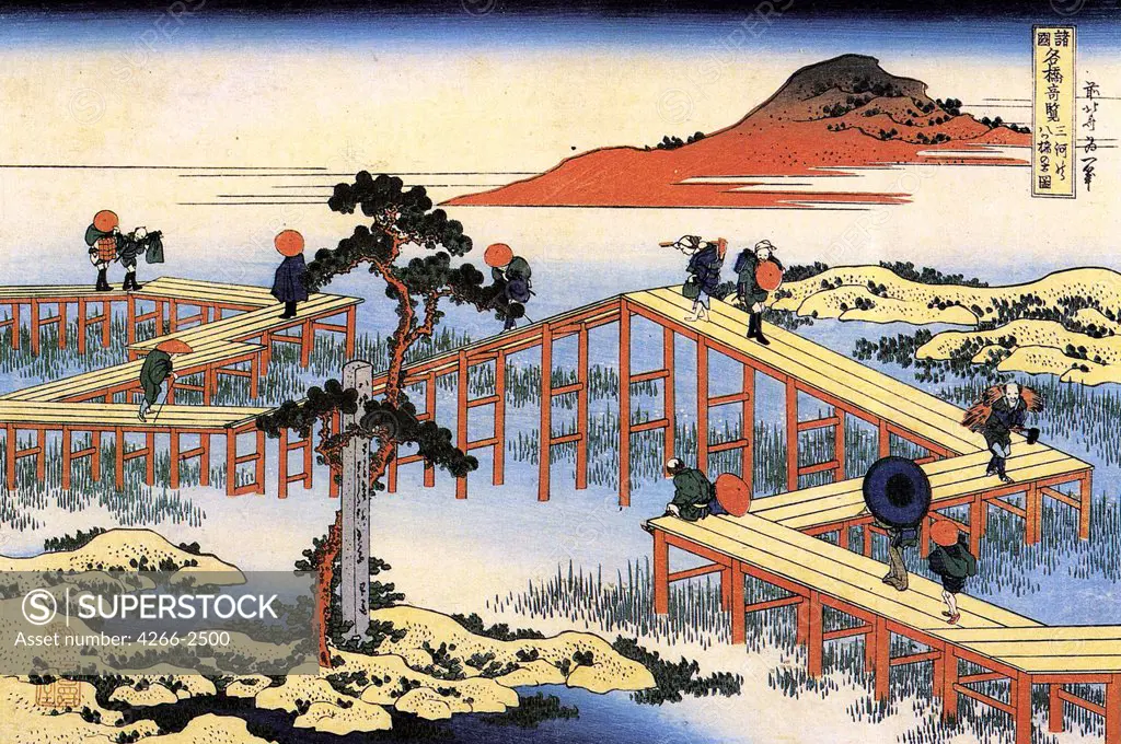 Landscape with rice fields by Katsushika Hokusai, color woodcut, circa 1835, 1760-1849, Russia, St Petersburg, State Hermitage, 24, 8x38