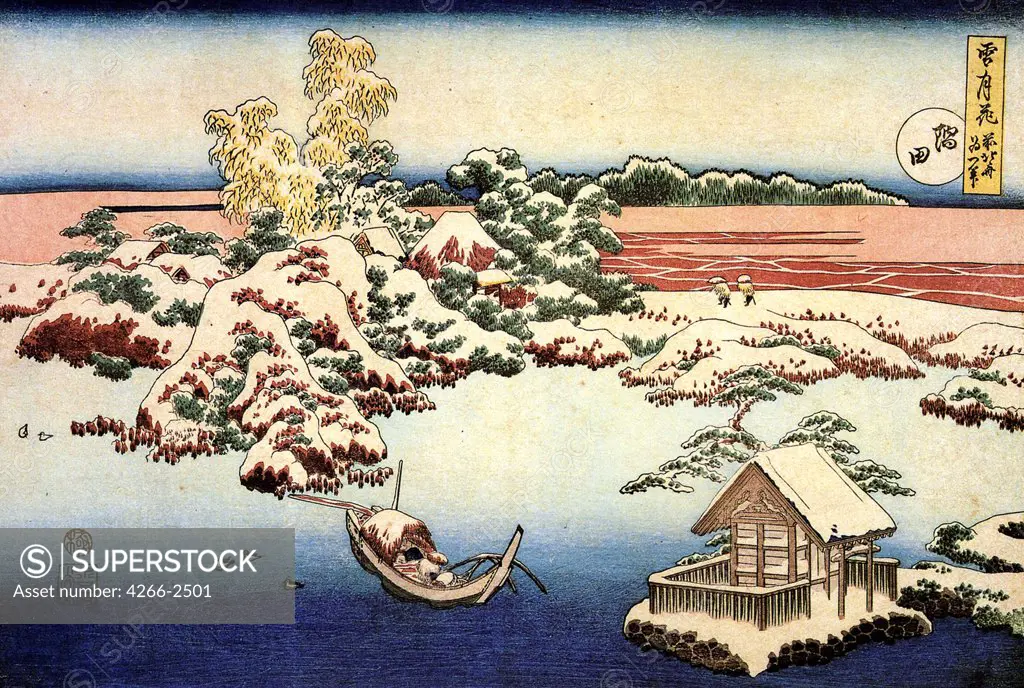 Winter landscape by Katsushika Hokusai, color woodcut, circa 1832, 1760-1849, Russia, Moscow, State A. Pushkin Museum of Fine Art