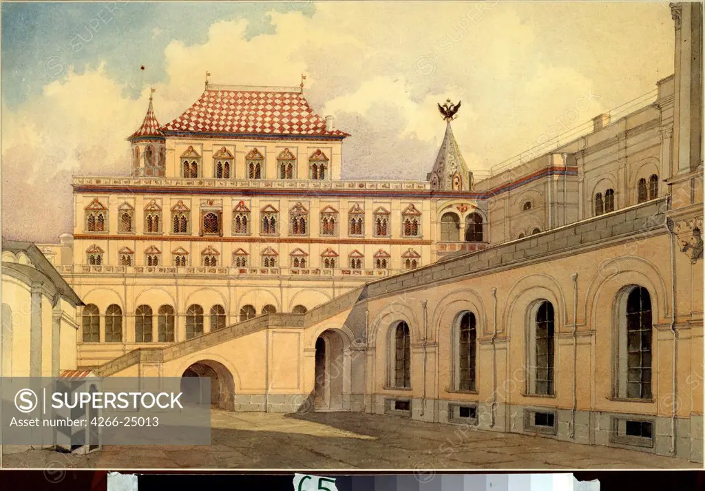 The Terem Palace in Moscow Kremlin by Rabus, Karl Ivanovich (1800-1857) State Tretyakov Gallery, Moscow 1830-1840s Watercolour on paper Russia Russian Painting of 19th cen. Architecture, Interior Painting