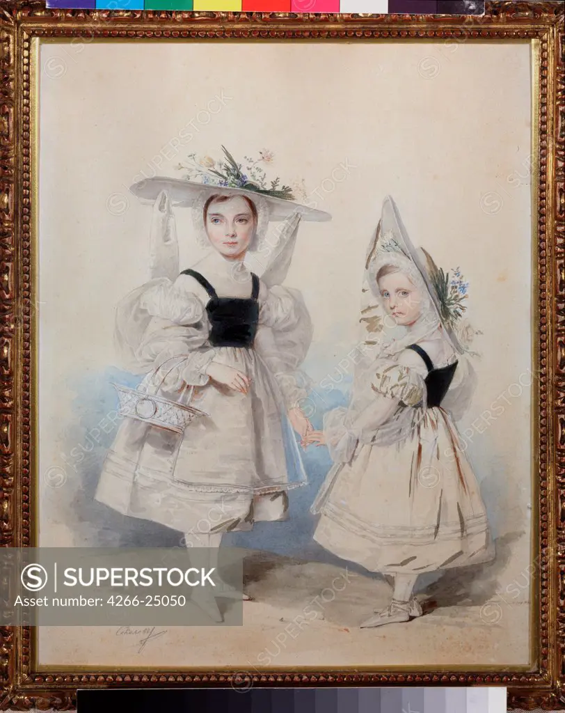 Portrait of the Grand Duchesses Olga and Alexandra in Fancy-dress by Sokolov, Pyotr Fyodorovich (1791-1848) State V. Tropinin-Museum, Moscow 1830s Watercolour on paper 31x24 Russia Russian Painting of 19th cen. Portrait Painting