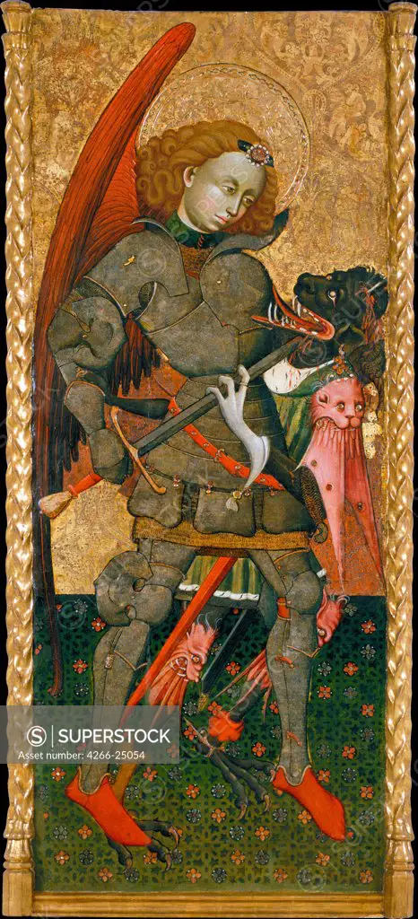 Saint Michael the Archangel by Blasco de Granen (-1459) Museu Nacional d'Art de Catalunya, Barcelona c. 1440 Tempera on panel 183,7x82 Spain Gothic Bible Painting
