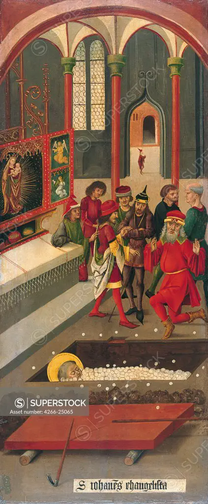 The Miracle of the Host at the Tomb of Saint John by Malesskircher, Gabriel (ca. 1425-1495) Thyssen-Bornemisza Collections 1478 Oil on wood 77x32 Germany Renaissance Bible Painting
