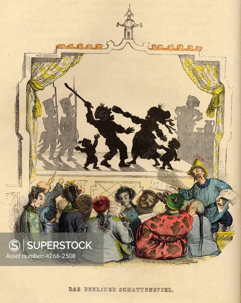 Shadow play by Jean-Jacques Grandville, copper engraving, watercolor, 1840s, 1803-1847, Private Collection