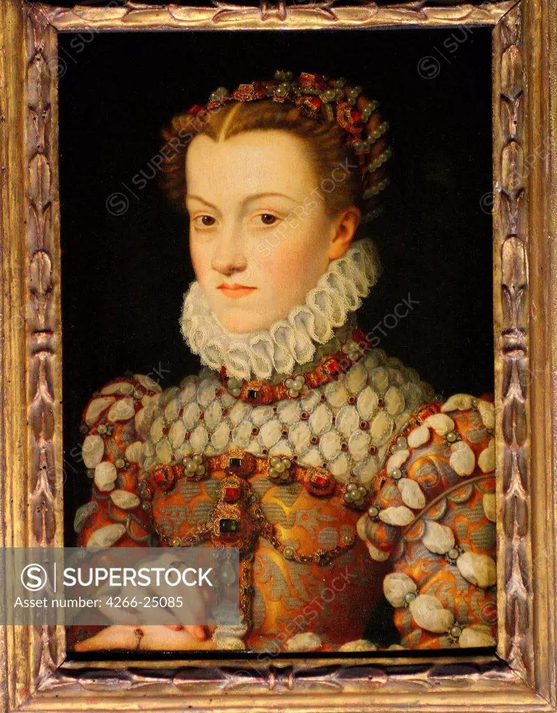 Elisabeth of Austria (1554Ð1592), Queen of France by Clouet, Francois (1510-1572) Louvre, Paris ca 1571-1572 Oil on wood 36x26 France Mannerism Portrait Painting