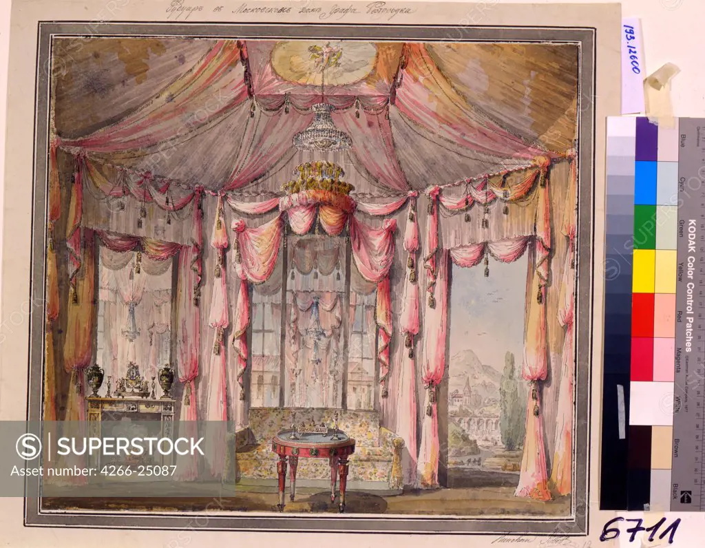 Interior design for the boudoir in the Count Bezborodko House in Moscow by Lvov, Nikolai Alexandrovich (1751-1803) State A. Pushkin Museum of Fine Arts, Moscow 1790s Pen, ink, watercolour on paper 50,3x56,1 Russia Russian Art of 18th cen. Architec