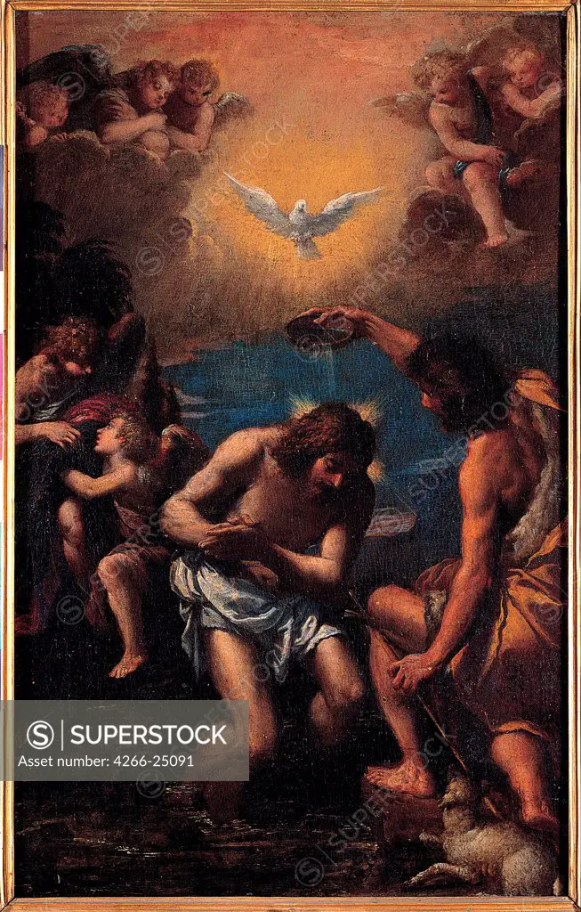 The Baptism of Christ by Scarsellino (Scarsella), Ippolito (1551-1620) Musei Capitolini, Rome 1585-1590 Oil on wood 57,4x36 Italy, School of Ferrara Mannerism Bible Painting