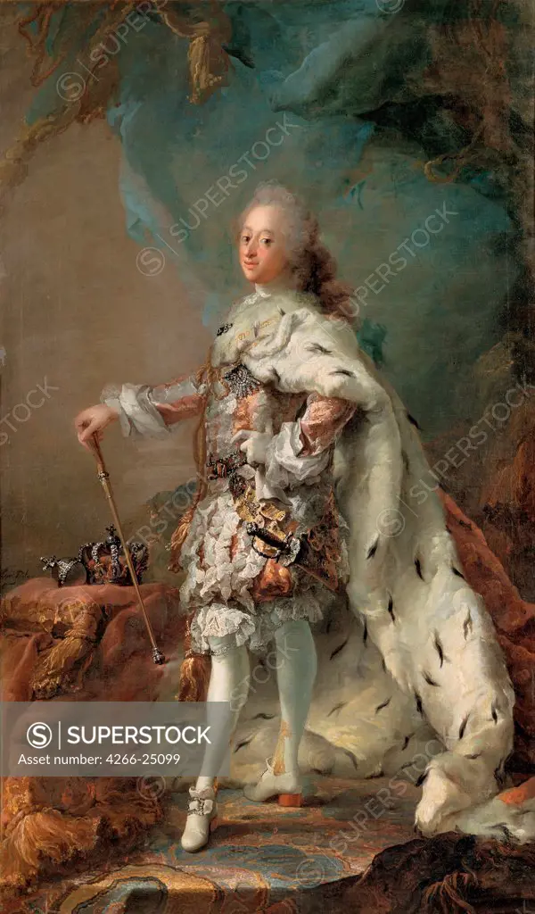 Portrait of Frederik V (1723-1766) in Anointment Robe by Pilo, Carl Gustaf (1711-1793) Statens Museum for Kunst, Copenhagen c. 1750 Oil on canvas 231,5x140 Sweden Rococo Portrait Painting