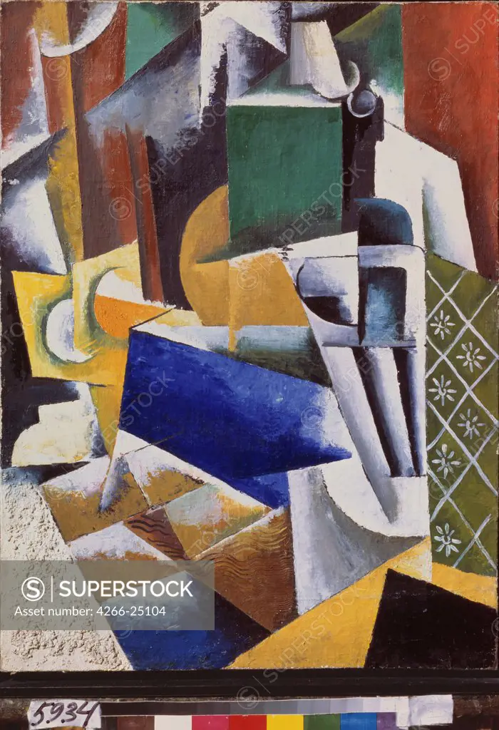 The food store by Popova, Lyubov Sergeyevna (1889-1924) State Russian Museum, St. Petersburg 1916 Oil on canvas 71,5x53,5 Russia Cubism Still Life Painting