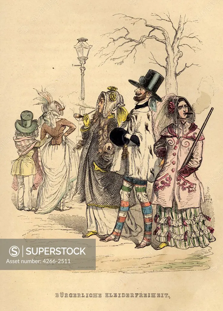 Caricature of pedestrians by Jean-Jacques Grandville, copper engraving, watercolor, 1840s, 1803-1847, Private Collection
