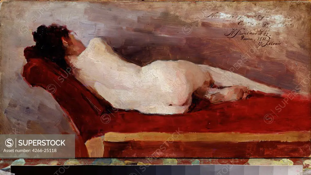A resting model by Siemiradzki, Henryk (1843-1902) Regional Art Museum, Arkhangelsk 1881 Oil on canvas 20x40,5 Poland Academic art Nude painting Painting