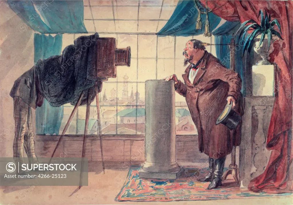 Merchant at the Photographer by Shmelkov, Pyotr Michaylovich (1819-1890) State Tretyakov Gallery, Moscow 1860s Watercolour on paper 20,9x29,8 Russia Satire Genre Painting