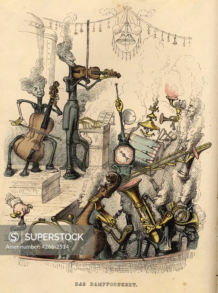 Concert scene by Jean-Jacques Grandville, copper engraving, watercolor, 1844, 1803-1847, Private Collection, 20x15