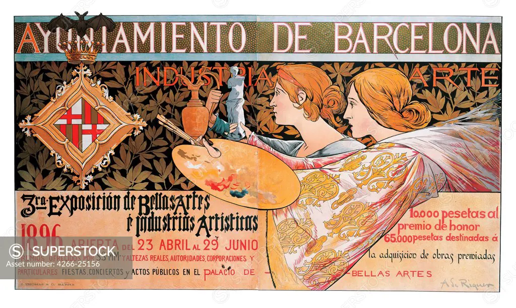 Exposicion de Bellas Artes e Industrias Artisticas by Riquer Inglada, Alejandro de (1856-1920) Museu Nacional d'Art de Catalunya, Barcelona 1896 Colour lithograph 93,3x148 Spain Art Nouveau Poster and Graphic design Poster