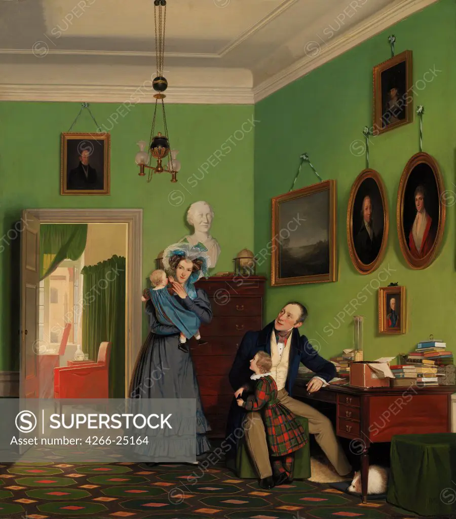 The Waagepetersen Family by Bendz, Wilhelm (1804-1832) Statens Museum for Kunst, Copenhagen 1830 Oil on canvas 99,5x88,5 Denmark Romanticism Architecture, Interior,Portrait,Genre Painting