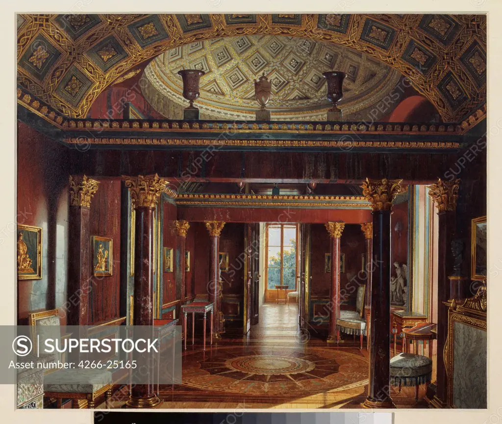 The Agate room (Jasper study) in the Great Palace in Tsarskoye Selo by Premazzi, Ludwig (Luigi) (1814-1891) State Open-air Museum Tsarskoye Selo, St. Petersburg 1859 Watercolour and white colour on paper Italy Academic art Architecture, Interior P